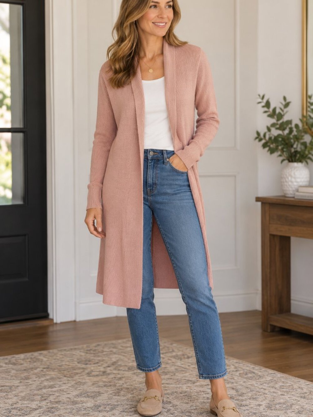 LEITH Light pink cozy duster long sweater jacket side slit, sz S